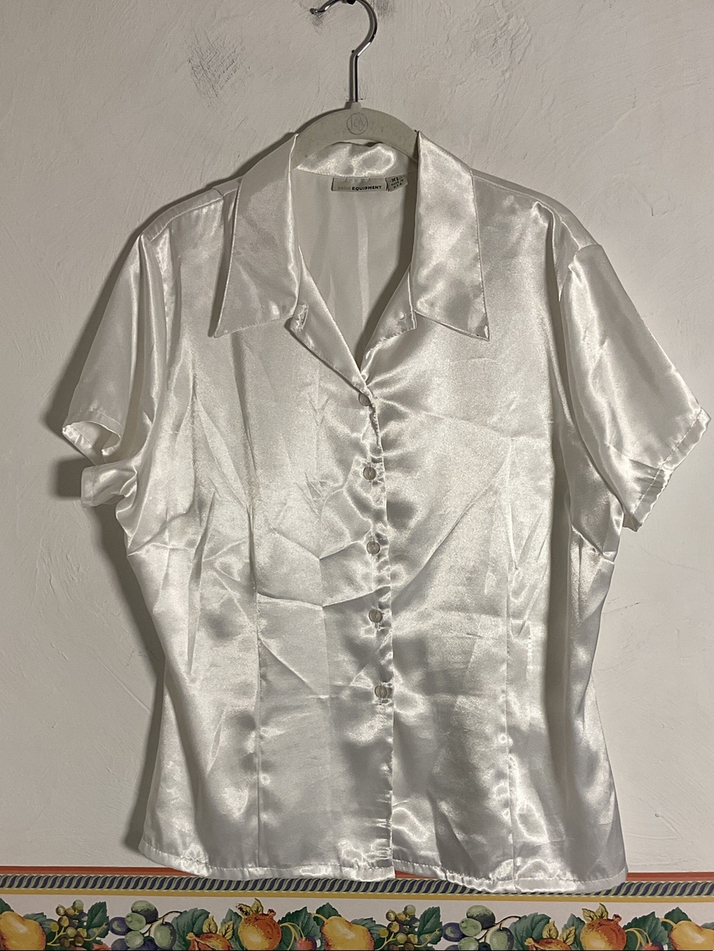 Vintage Basic Equipment Shiny Satin Blouse Top XL White Short Sleeve Camp Collar